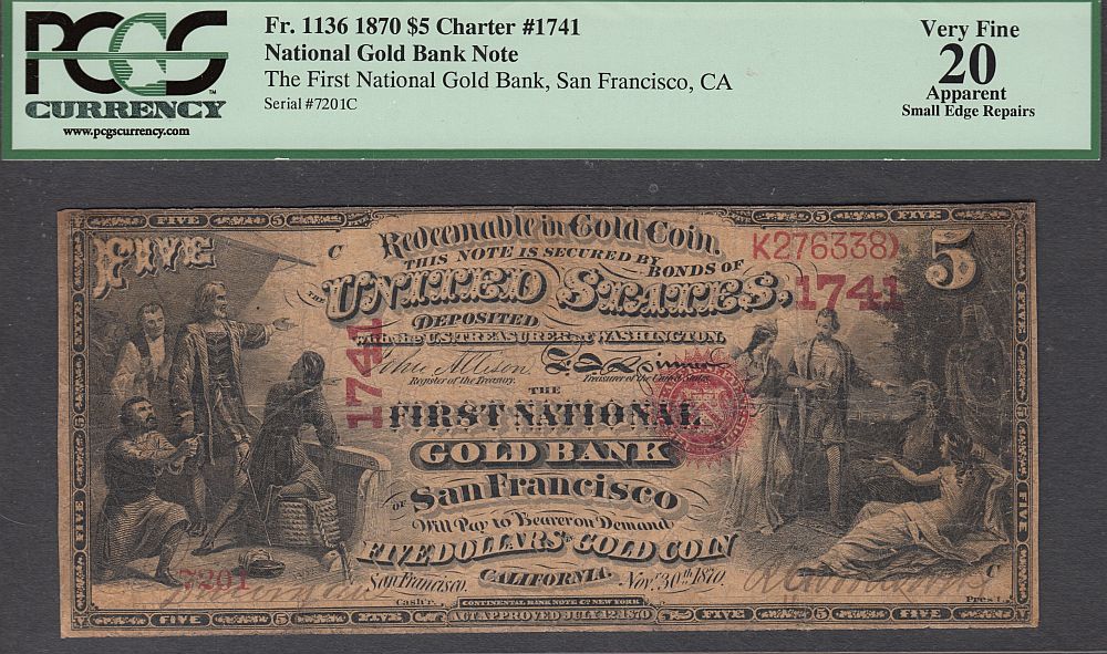 Fr.1136, 1870 $5 National Gold Bank Note, Ch.#1741, San Francisco, California, Very Fine 